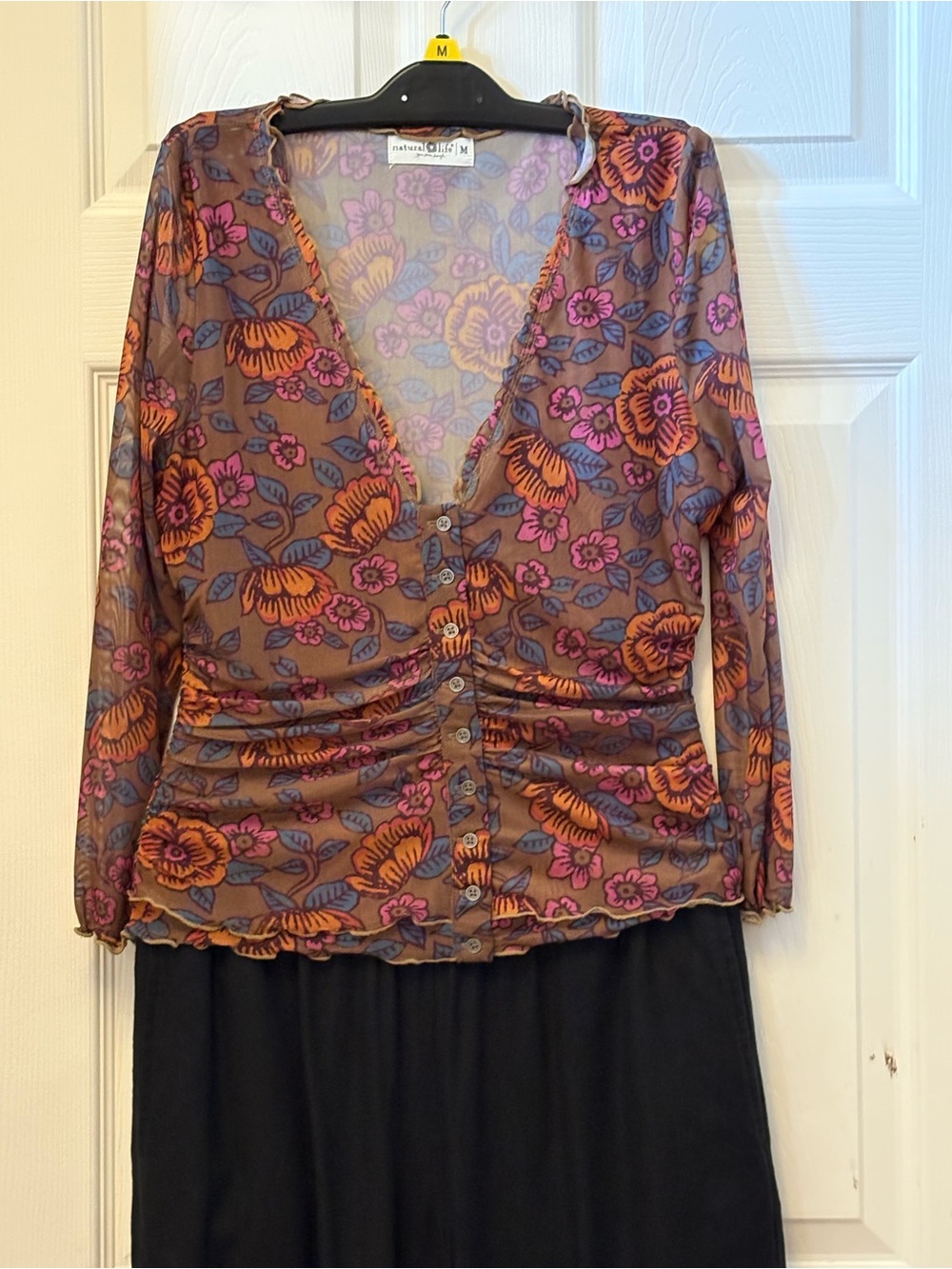 NATURAL LIFE Floral Ruched Button-Front Mesh Top - Brown & Orange